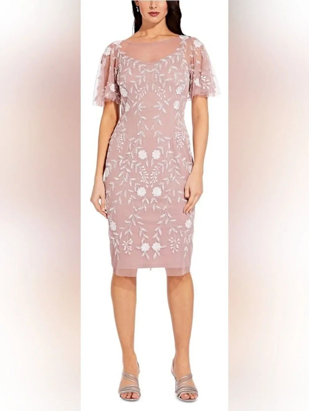 Adrianna Papell Floral Beaded Dress w/Sheer Flutter Sleeves NWT Sz 2 Dusty Pink